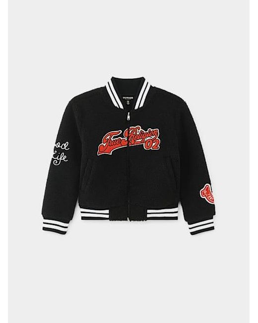 True Religion Black Girls Embroidered Logo Fleece Varsity Jacket