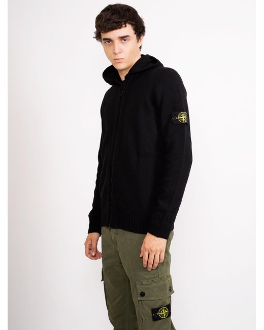 Stone Island Wool Black Hooded Cardigan 