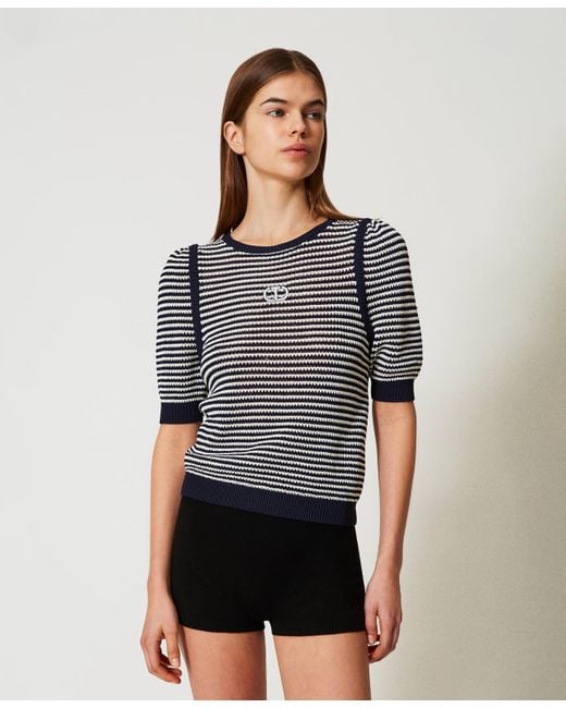 Twinset Gray Gestreifter Pullover Mit Aufgesticktem Oval T, Größe