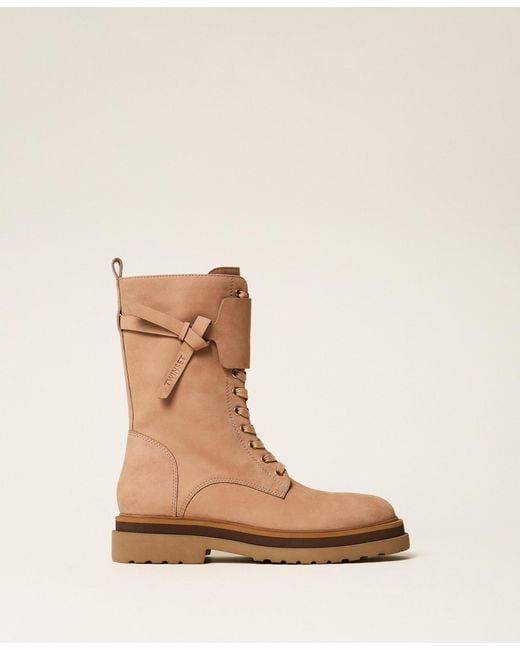 Twinset Natural Leather Combat Boots With Insert