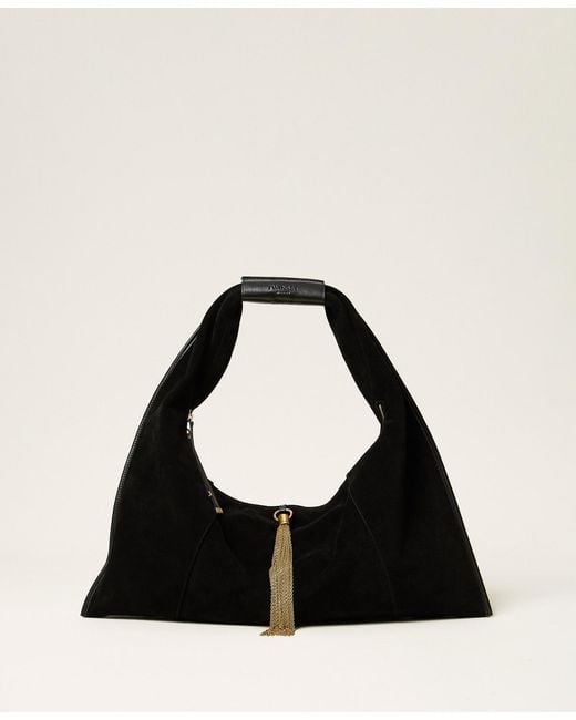 Twinset Black Suede Trapezoid-Shape Hobo Bag With Tassel