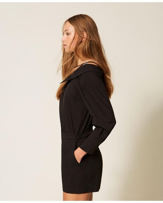 Twinset Black Off-Shoulder Poplin Jumpsuit