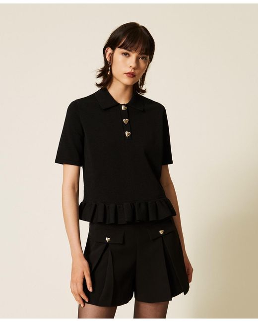 Twinset Black Polo Shirt With Heart-Shaped Buttons