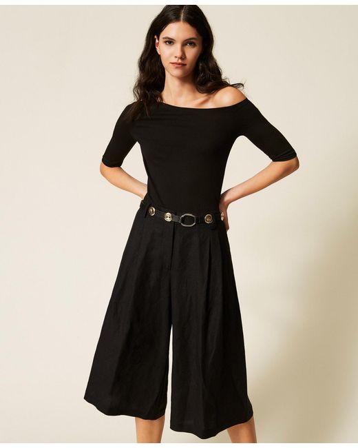 Twinset Black Linen Blend Bermuda Shorts With Pleats