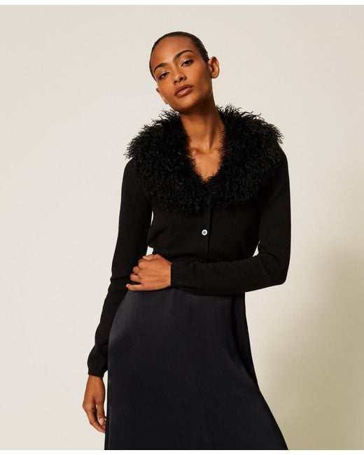 Twinset Black Cropped Cardigan With Faux Fur