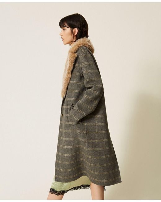 Twinset Green Chequered Double Wool Coat With Faux Fur