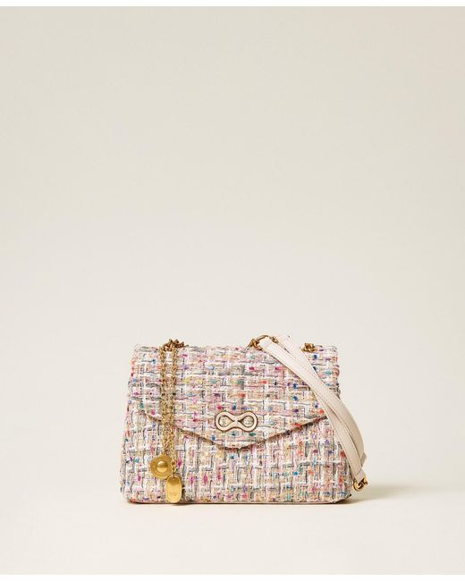 Twinset Natural Tweed Shoulder Bag With Logo Buckle