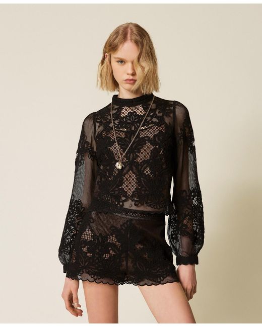 Twinset Black Mesh Blouse With Embroidery