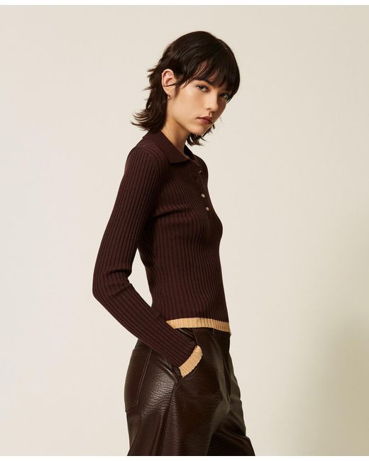 Twinset Natural Rib-Knit Polo Jumper