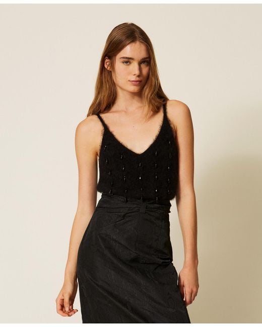 Twinset Black Brushed Wool Blend Top With Embroidery