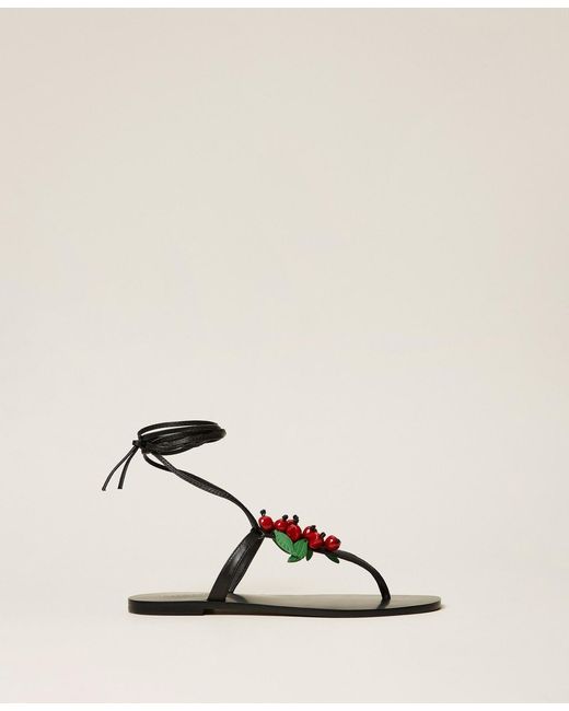 Twinset Natural Leather Thong Sandals With Cherries