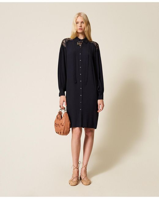 Twinset Blue Midi Georgette And Lace Dress
