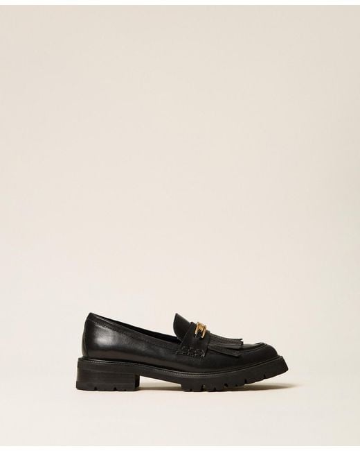 Twinset Natural Leather Loafers With Fringes
