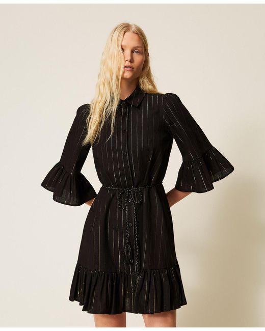 Twinset Black Short Lurex Pinstriped Dress