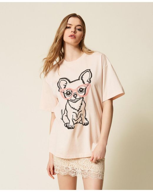 Twinset Natural Myfo Oversize T-Shirt With Print And Embroidery