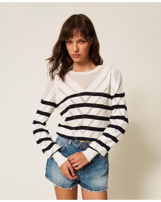 Pull Ras-Du-Cou En Coton Et Cachemire Avec Rayures Twinset en coloris White