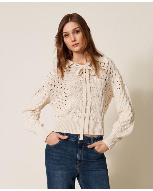 Twinset Natural Cable Knit Jumper With Bow