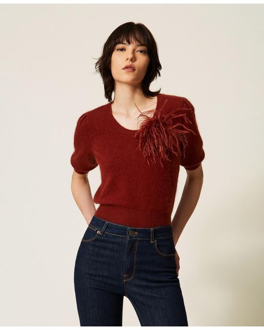 Twinset Red Angora Blend Jumper With Brooch