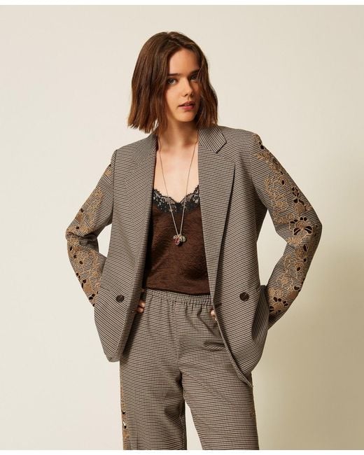 Twinset Brown Houndstooth Blazer With Embroidery