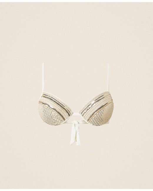 Twinset Natural Sequin Embroidered Push-Up Bikini Top