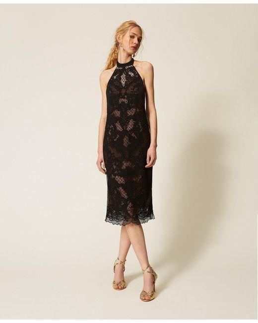 Twinset Natural Long Mesh Dress With Embroidery