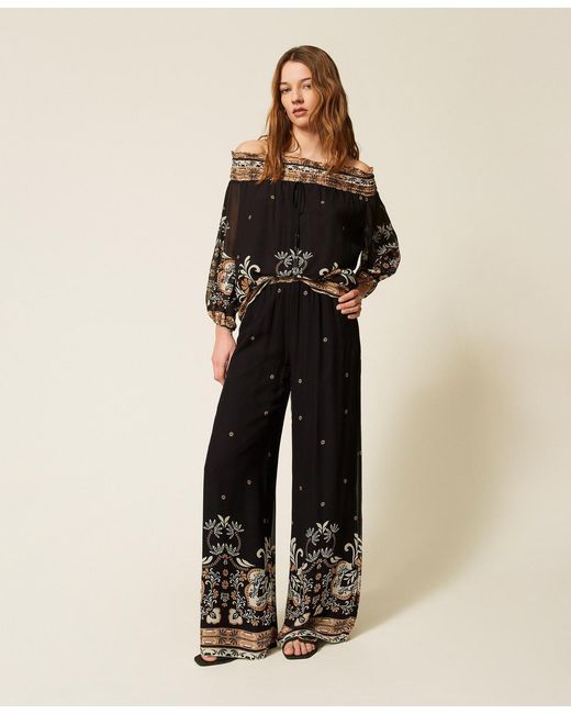 Twinset Black Georgette Wide Printed Trousers