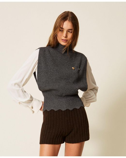 Twinset Black Wool Blend Top With Brooch