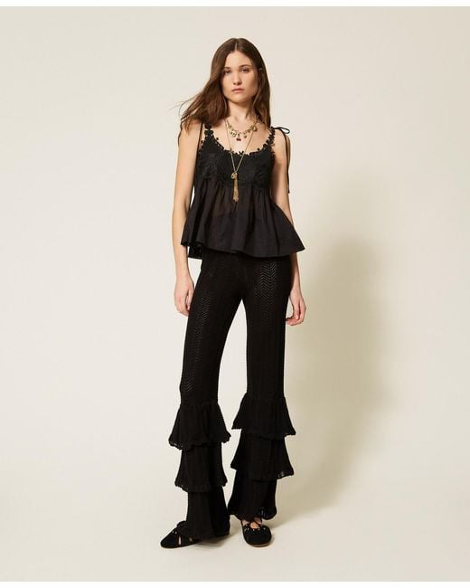 Twinset Natural Knit Trousers With Ruffles