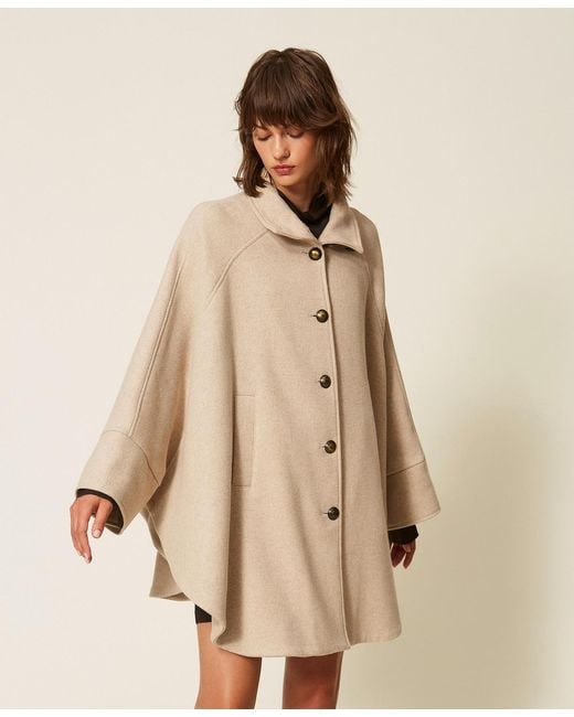 Twinset Natural Wool Cloth Cape With Buttons