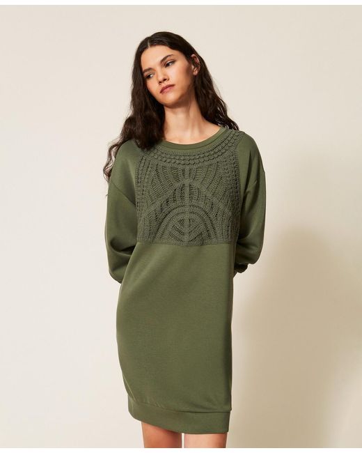 Twinset Green Short Scuba Dress With Crochet Detail