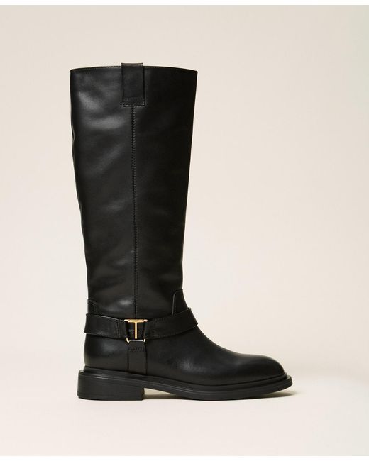 Twinset Black Leather Boots With Logo