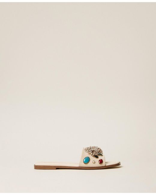 Twinset Natural Suede Slides With Decorative Stones