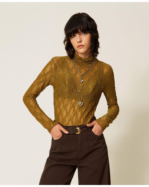 Twinset Metallic Stretch Lace Turtleneck Top