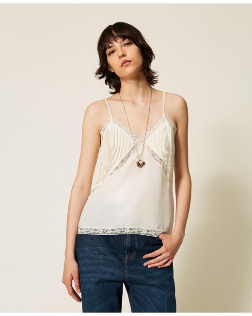 Twinset Natural Crêpe De Chine And Lace Top