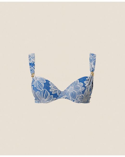 Twinset Blue Jacquard Push-Up Bikini Top With Pearl