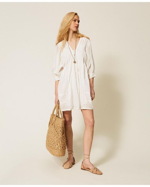 Twinset Natural Short Muslin Dress With Lace