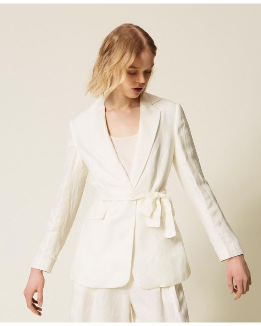 Twinset Natural Linen Blend Blazer With Belt
