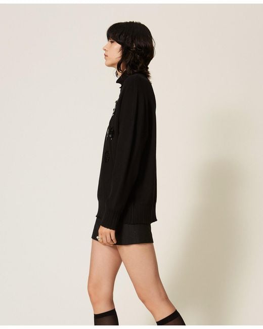 Twinset Natural Turtleneck Jumper With Sequin Embroidery