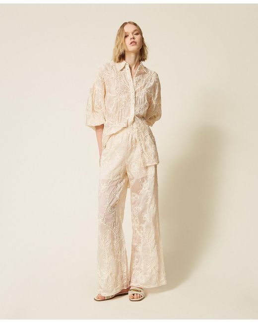 Twinset Natural Muslin Trousers With Cornely Embroidery