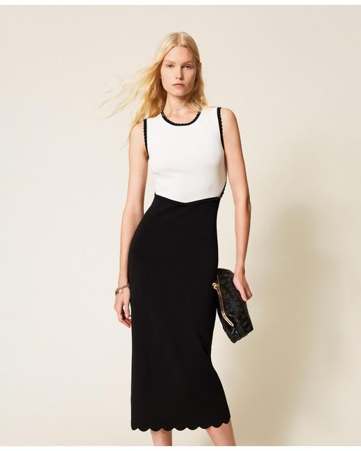 Twinset White Long Two-Tone Knit Dress