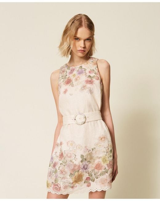 Twinset Natural Linen Floral Short Dress With Embroidery