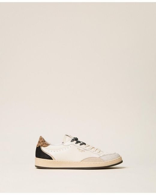 Twinset Natural Leather Trainers With Logo And Laminated Inserts