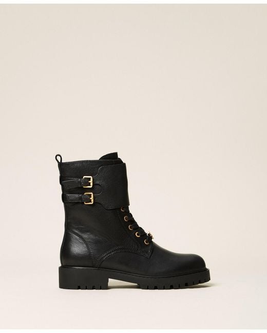 Twinset Black Leather Combat Boots With Straps