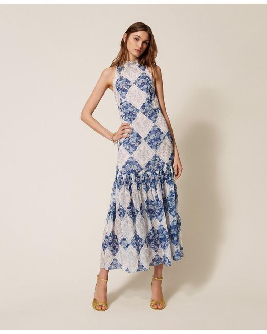 Twinset Blue Long Ramie Dress With Floral Print