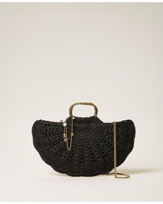 Twinset Black Crochet Raffia Shoulder Bag