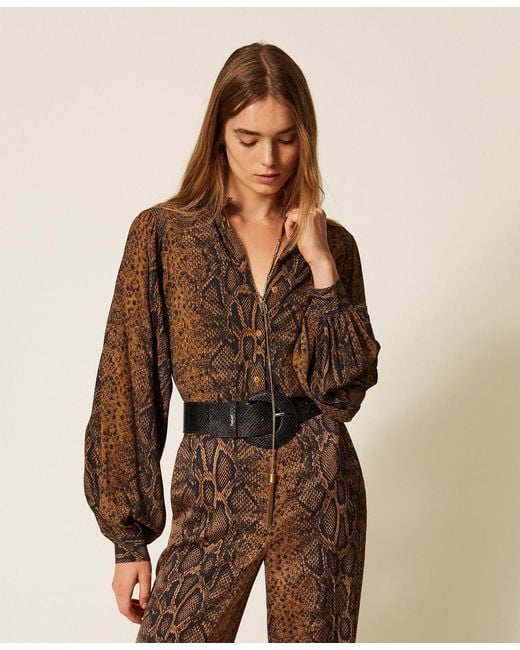 Twinset Brown Crêpe De Chine Python Print Shirt