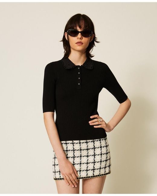 Twinset Black Polo Shirt With Broderie Anglaise Collar
