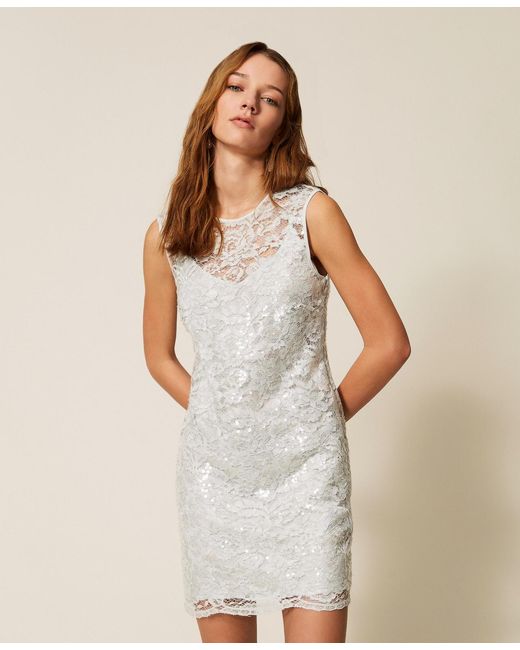 Twinset White Short Lace Dress With Sequins
