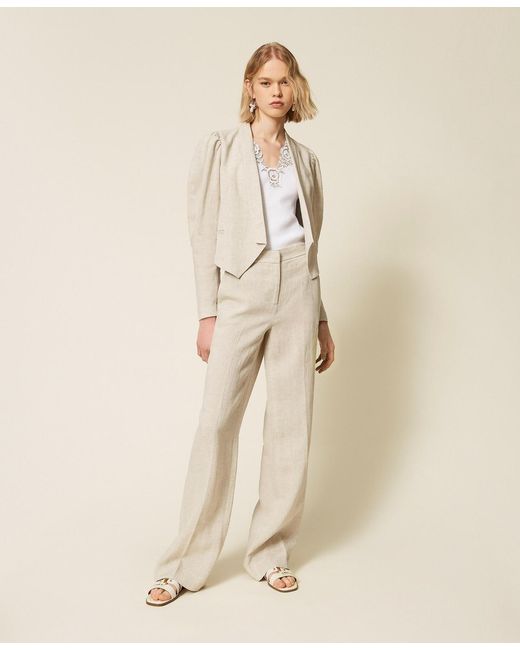Twinset Natural Wide Linen Trousers With Lurex