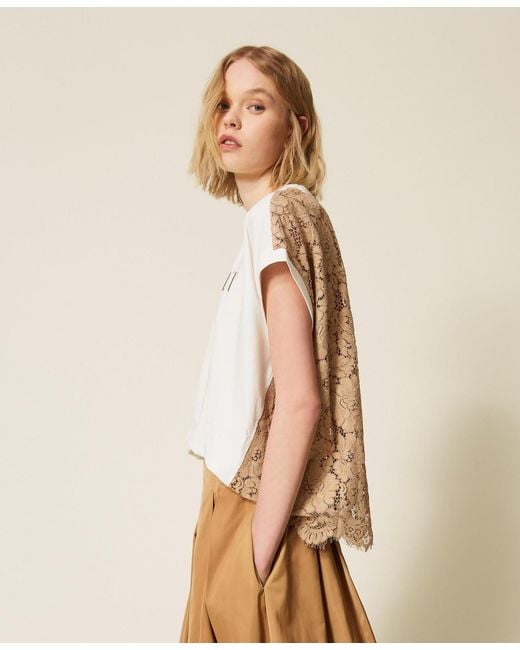 Twinset Natural T-Shirt With Lace And Embroidered Logo